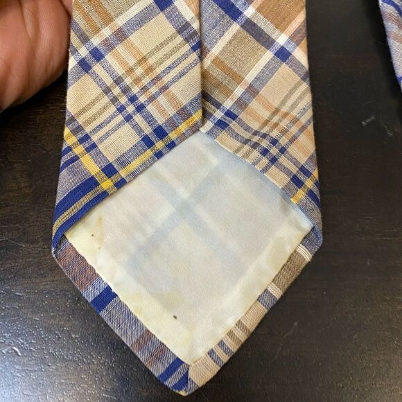 Brooks Brothers Makers all cotton blue and tan plaid tie - Picture 5 of 5